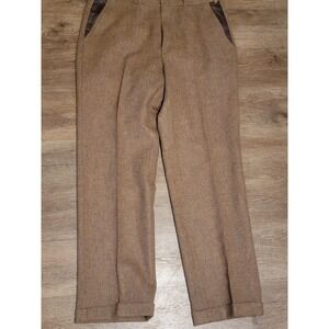 Vintage Orvis Pants Mens 32 Brown Herringbone 100% Wool Tweed Leather Trim Lined